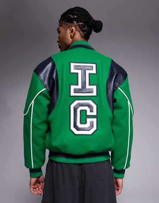 ICECREAM - Varsity bomberjack in groen met leren panelen en logo, 3 van 5