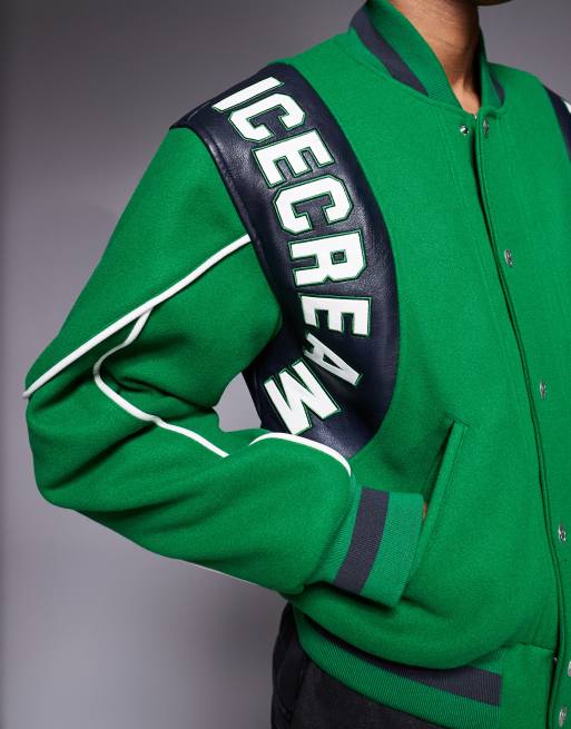 ICECREAM - Varsity bomberjack in groen met leren panelen en logo, 5 van 5