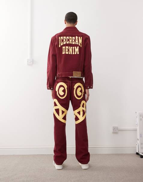 ICECREAM – Vinröd truckerjacka i denim med tryck baktill, del av set - view 1