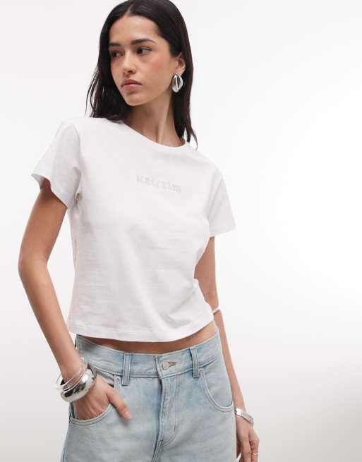 ICECREAM – Weiches, knapp geschnittenes T-Shirt in Weiß mit Strass-Logo, 3 von 4