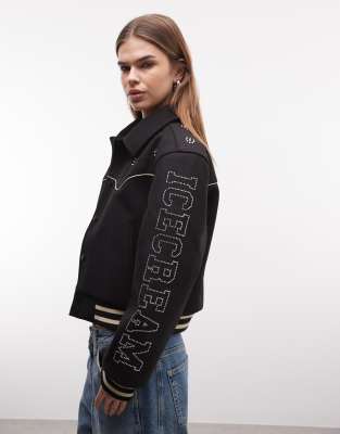 ICECREAM - Western-College-Jacke in Schwarz mit Strass-Logo