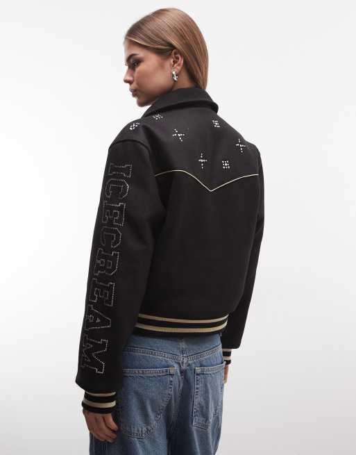 ICECREAM – Western-College-Jacke in Schwarz mit Strass-Logo, 3 von 4