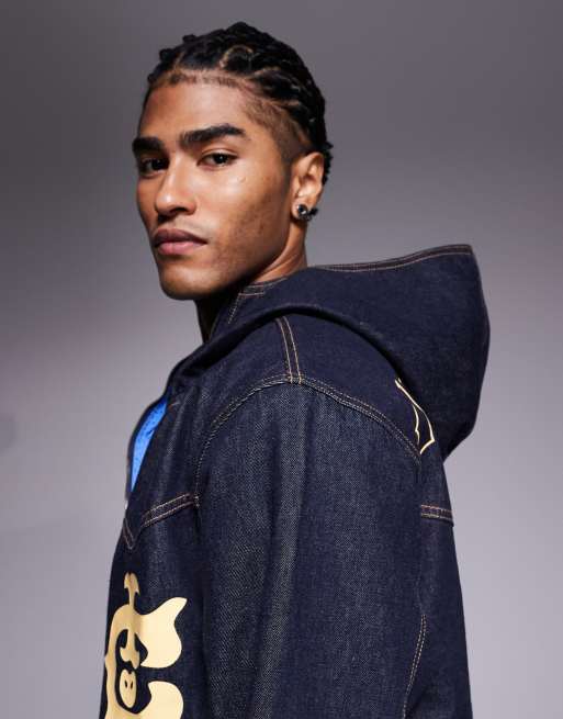 ICECREAM western panelled hooded worker jacket in indigo blue , 4 of 5