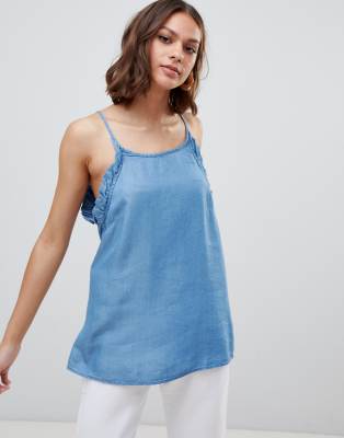 Ichi - Denim cami combi-set met ruches in chambray-Blauw Blauw