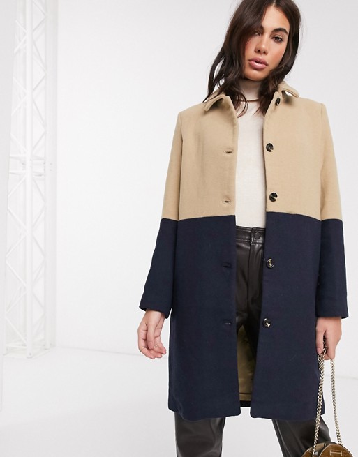 Ichi panelled longline coat in camel and navy