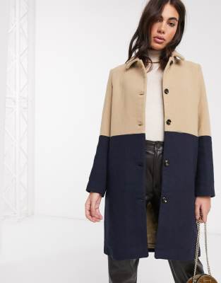 Ichi panelled longline coat in camel and navy | ASOS