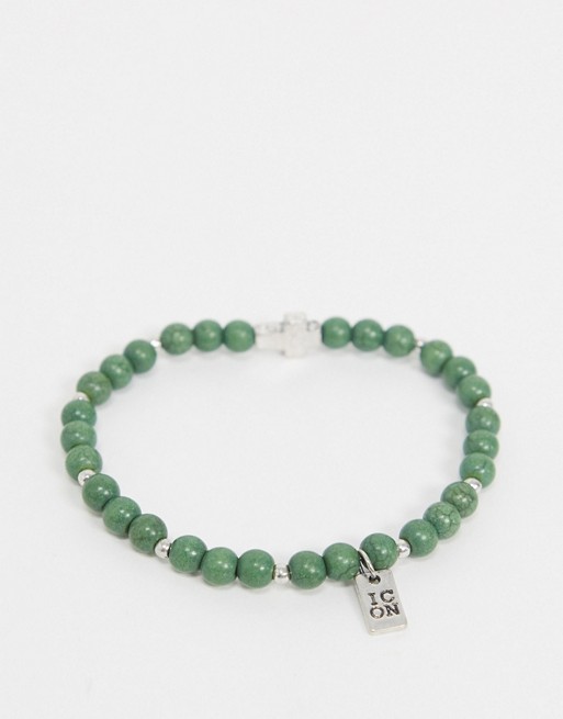 Icon beaded bracelet with cross charm in green