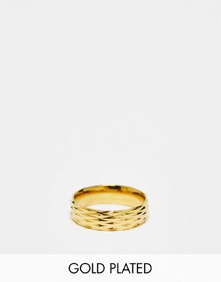 Icon Brand 14ct gold plated stainless steel cut detail band ring in gold