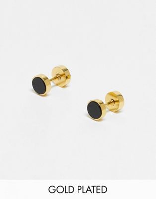 Icon Brand 14K gold plated stainless steel 7mm onyx plug earrings in gold