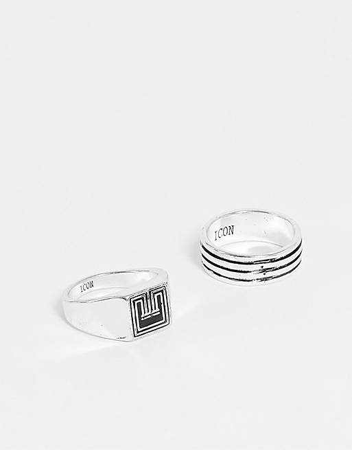 Men Icon Brand 2 pack deco ring in silver 