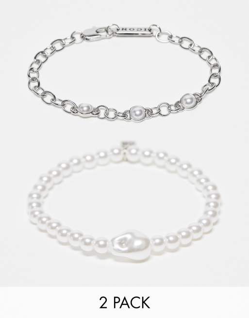 Icon Brand – 2er-Pack Perlen- und Kettenarmbänder in Silber-Optik