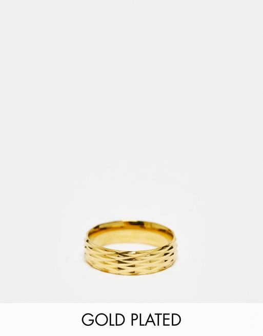 Icon Brand - Anello a fascia in acciaio inossidabile resistente all'acqua zigrinato placcato in oro 14 ct