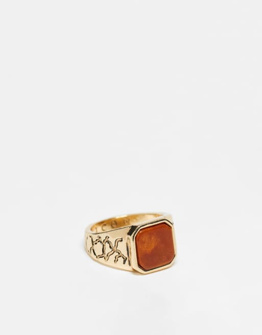 Icon Brand - Anello con sigillo quadrato color oro con pietra occhio di tigre e incisioni