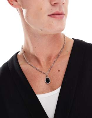 black oval pendant necklace in silver