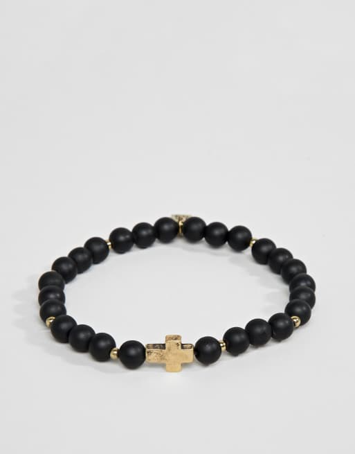 Icon Brand - Bracelet de perles avec breloque croix dorée - Noir