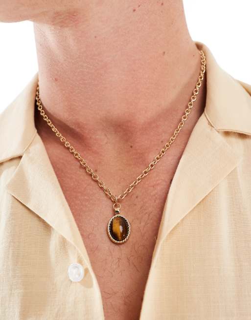 Icon Brand - Collana dorata con ciondolo ovale con occhio di tigre