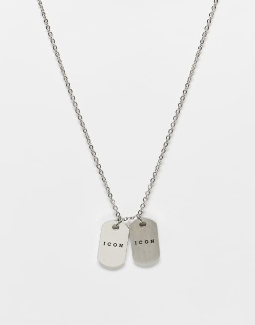 Icon Brand - Collana in acciaio inossidabile spazzolato color argento con doppia medaglietta