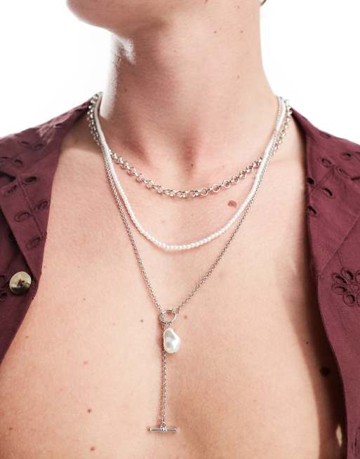 Icon Brand - Collier multirangs avec perles et barre en T - Argenté