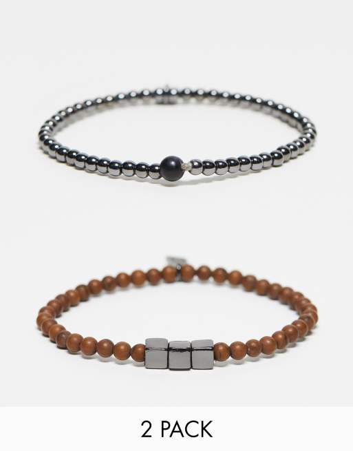 Icon Brand - Confezione da 2 braccialetti con perline multicolore e grigio canna di fucile