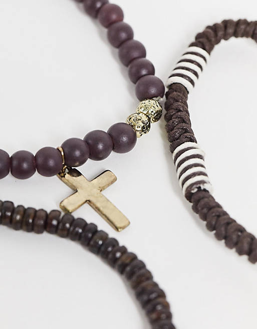 Men Icon Brand cross beaded bracelet in brown 