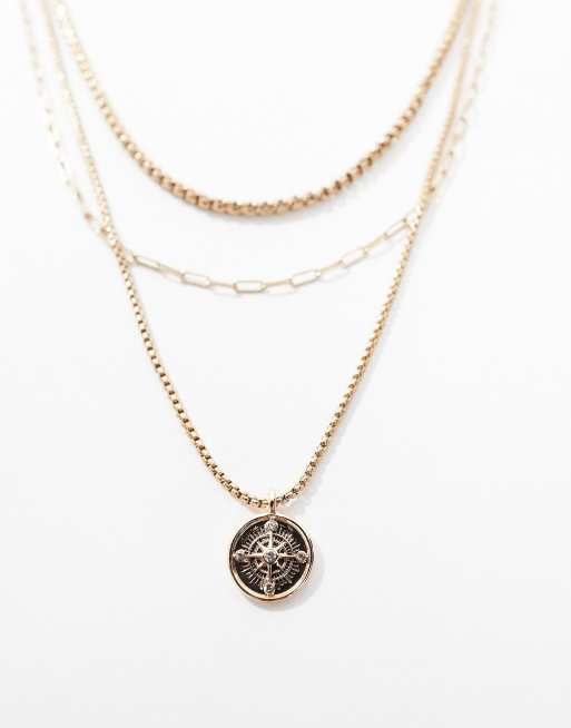 Icon Brand – De La Perla – Dreireihige, goldfarbene Halskette mit Kompassanhänger, 2 von 4