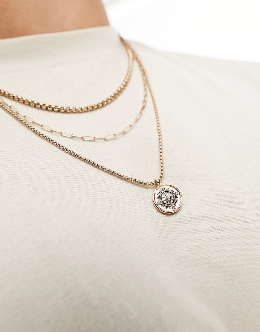 icon brand - de la perla - guldfärgat halsband med tre rader och kompasshänge-silver