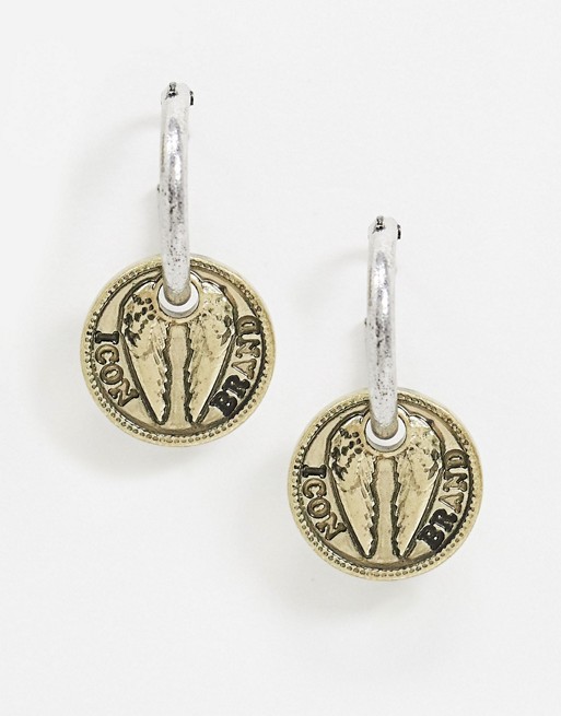 Icon Brand hoop earrings with coin charm mixed metal