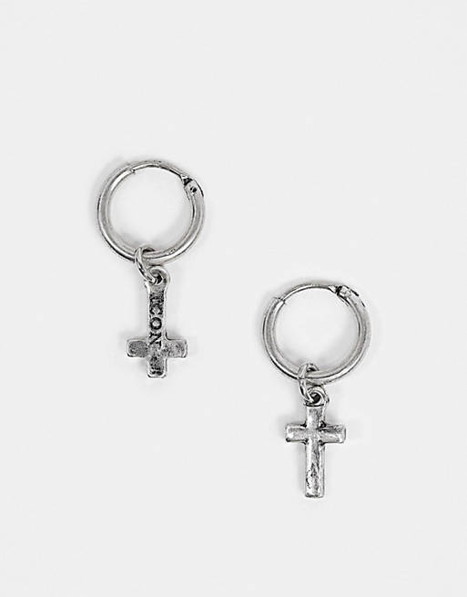 Icon Brand hoop earrings with cross charms in silver