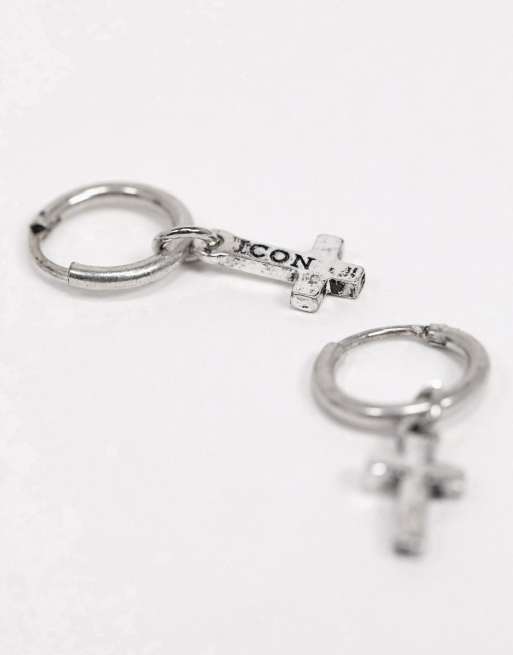 Icon Brand hoop earrings with cross charms in silver