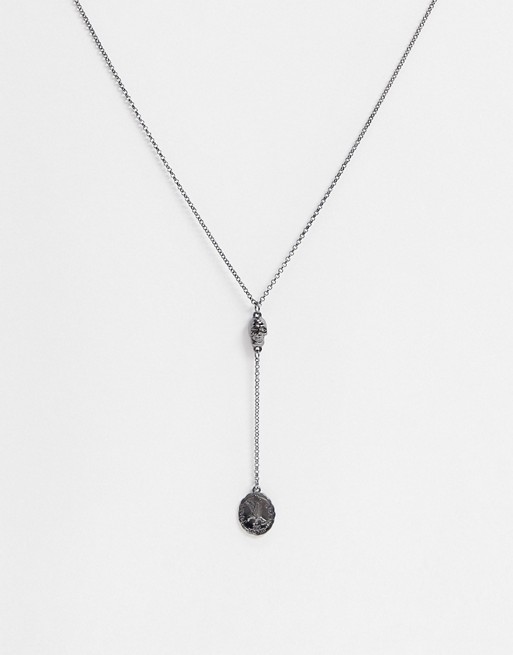 Icon Brand lariat neck chain with skull and coin pendants in gunmetal