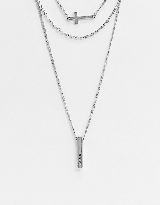 Icon Brand layered neck chains with cross and bar pendants in silver
