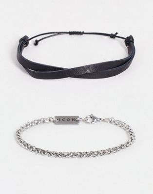 Icon Brand leather and stainless steel bracelet in black and silver