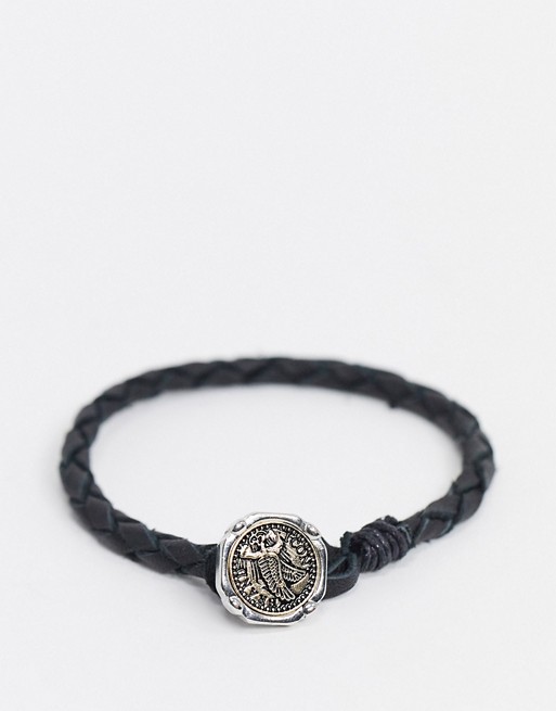 Icon Brand leather bracelet in black with eagle charm