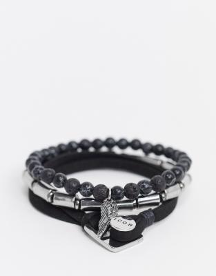 Icon Brand - Set van 3 armbanden van imitatiesuede en kralen-Zwart Zwart