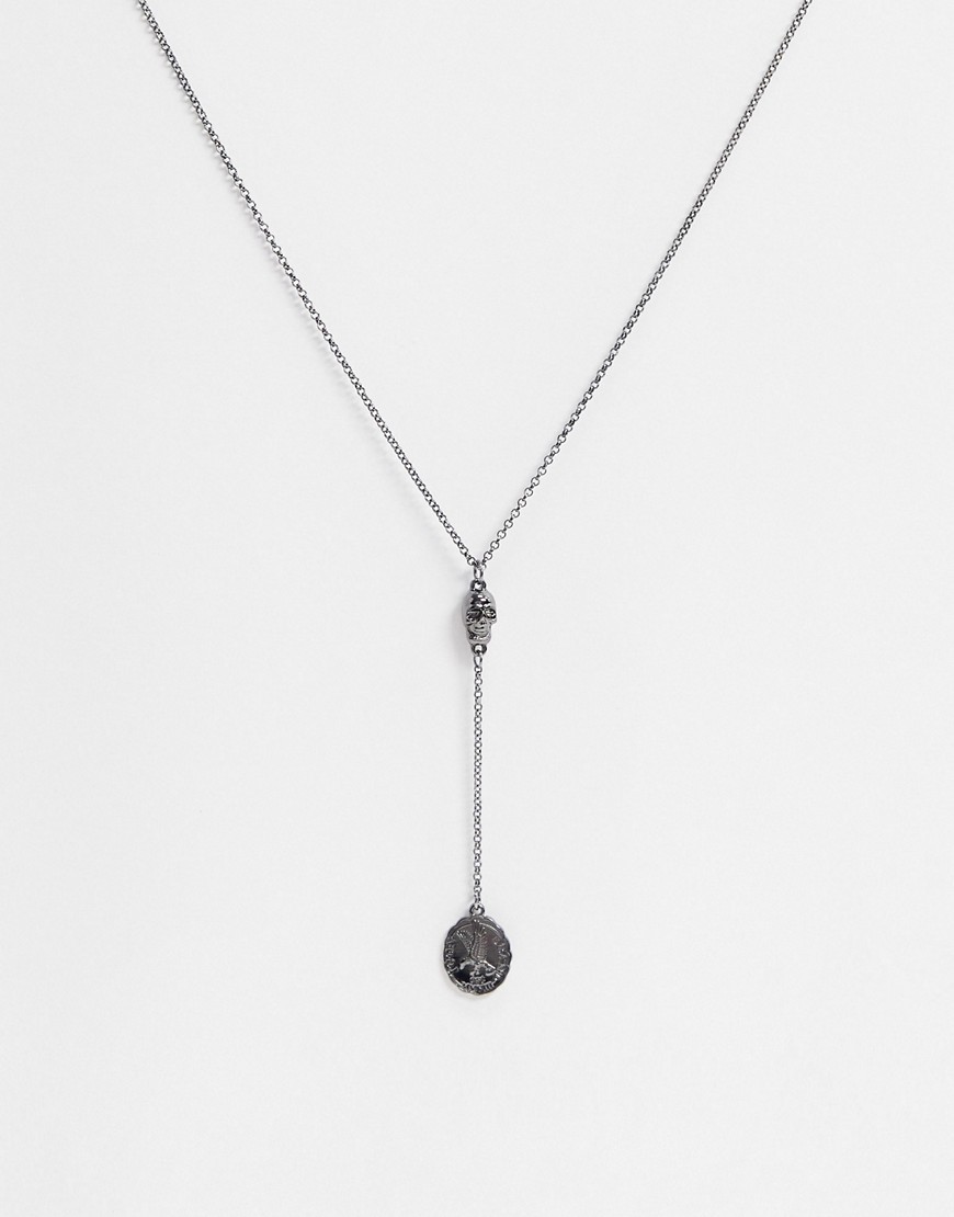 Icon Brand – Mörkgrå halskedja med dödskalle och mynthängsmycke-Silver
