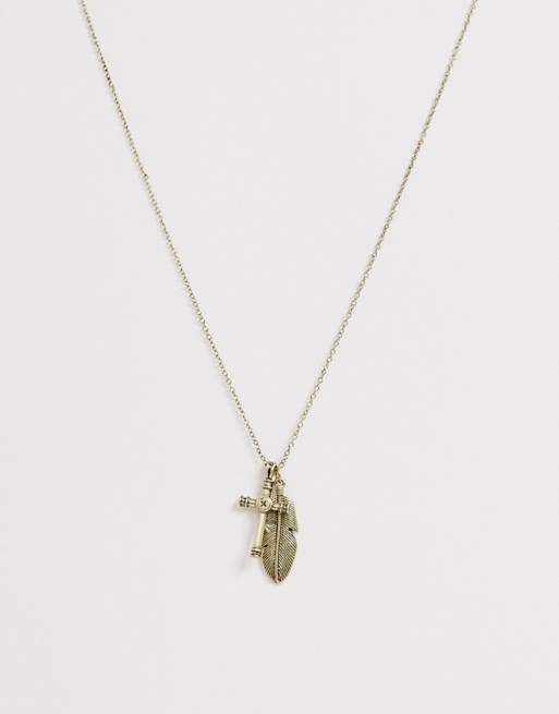 Icon Brand neck chain with cross and feather pendants in gold