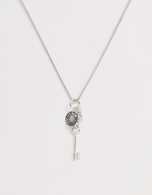 Icon Brand neck chain with key and coin pendants in silver