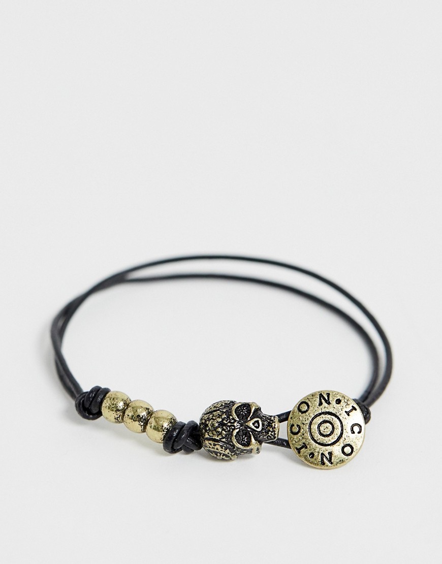 Icon Brand - Omgeslagen leren armband met gouden details in zwart