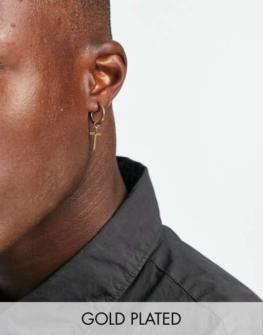Icon Brand - Orecchini a cerchio con pendente a croce in acciaio inossidabile placcati oro 14 carati