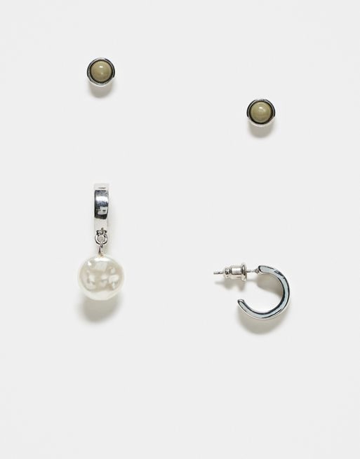 Icon Brand - Orecchini a cerchio e a bottone argentati con perle