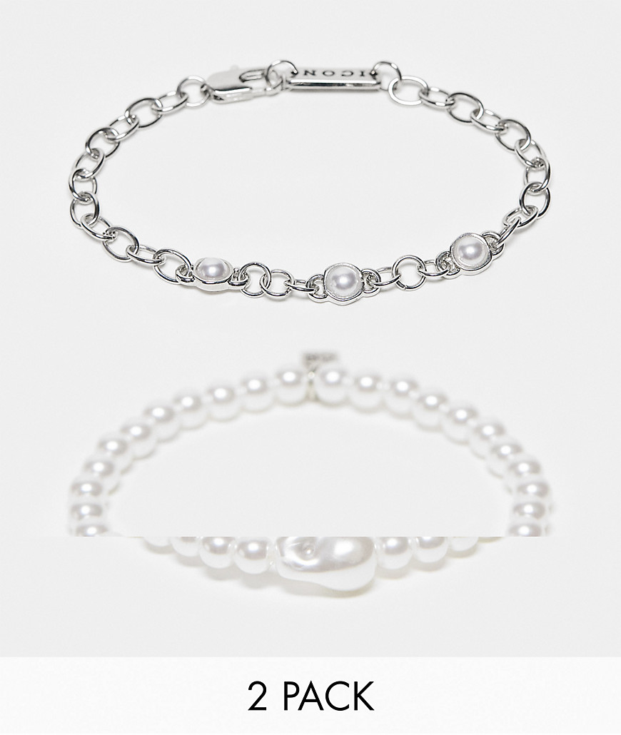 Icon Brand pearl and chain bracelet pack of 2 in silver