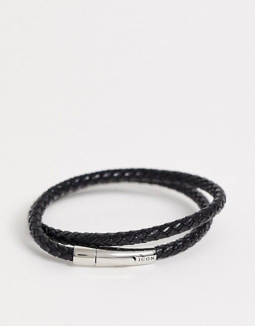 Icon Brand plaited leather bracelet with stainless steel closure in black