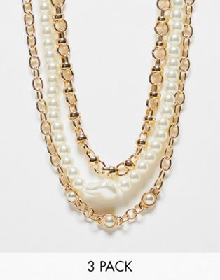 Icon Brand seasonal pearl necklace pack of 3 in gold - ASOS Price Checker