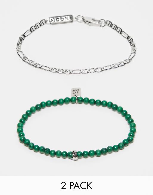 Icon Brand - Set van 2 armbanden met kralen en schakels in zilver en groen