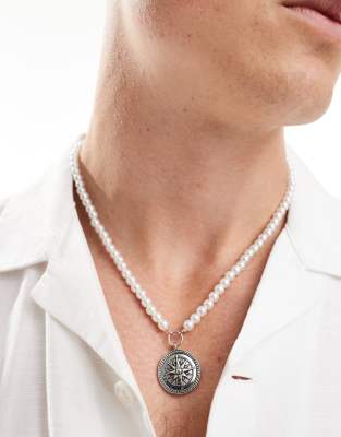 Icon Brand seventies city compass pearl pendant necklace in silver