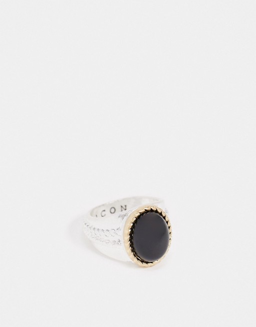 Icon Brand signet ring in silver with gold rope design and black stone