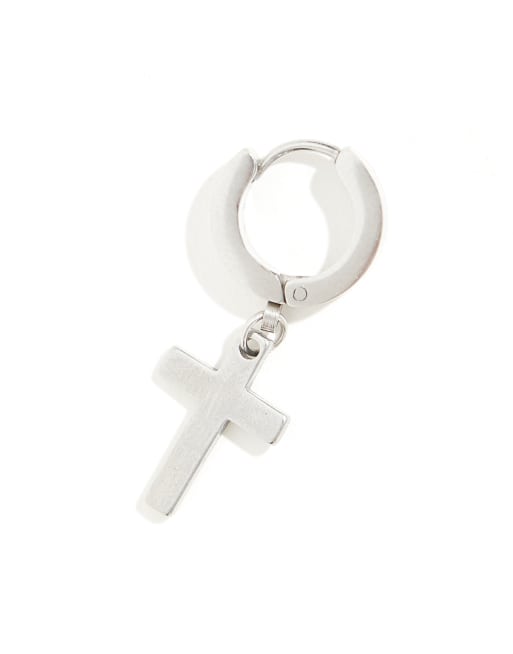 Icon Brand single cross charm hoop earring in stainless steel, 2 of 3