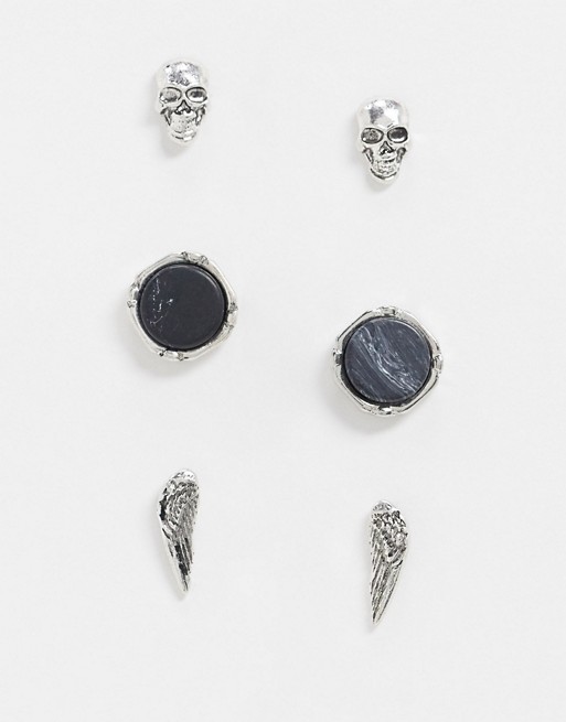 Icon Brand skull and wing stud 3 pack