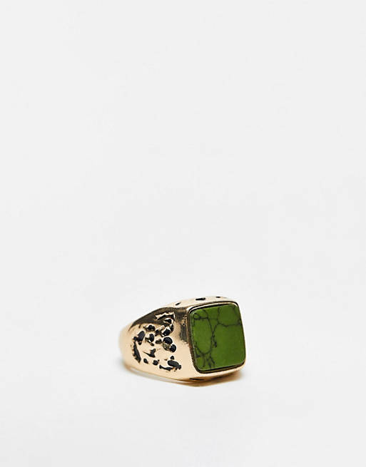 het is nutteloos Panda Faial Icon Brand square signet ring with green stone in gold | ASOS