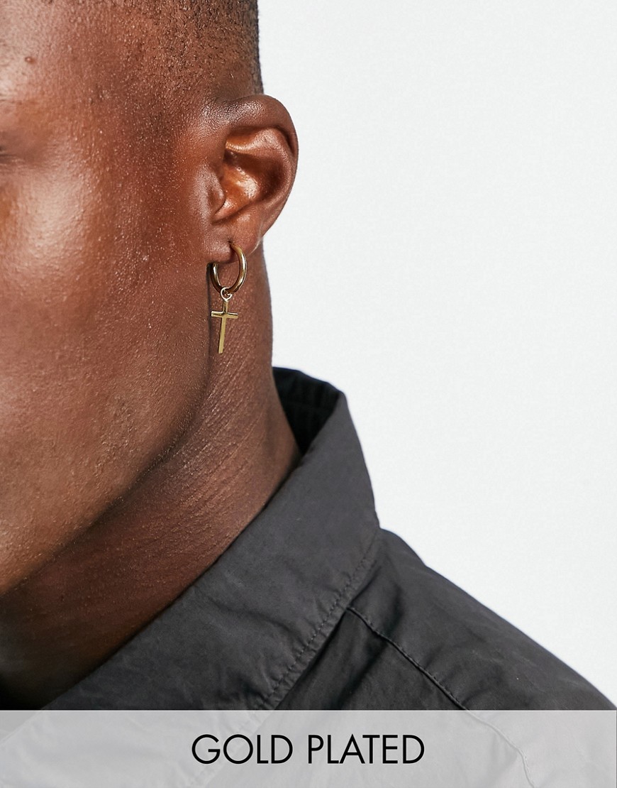 Icon Brand Stainless Steel Cross Hoop Earrings Plated In 14K Gold